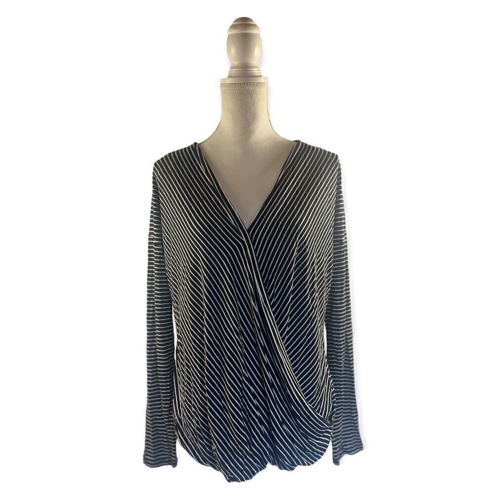 TAHARI LONG SLEEVE SURPLICE STRIPED JERSEY WRAP TOP BLACK WHITE LARGE